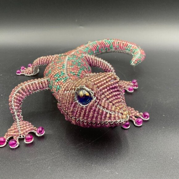 Beaded Green Purple Reptile Sculpture - Picture 2 of 6